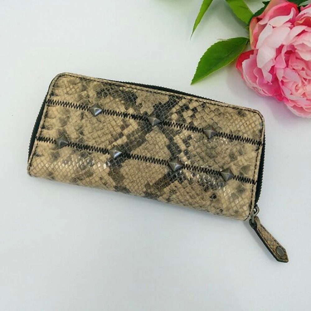 Botkier Maddie Wallet Tan Python Snakeskin Embossed Leather Stud Detail Zip Open